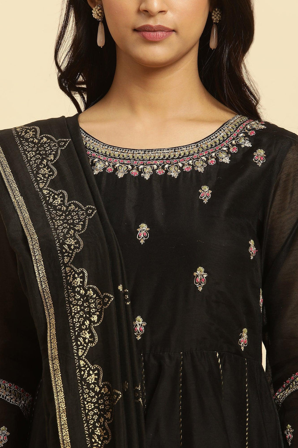 W for Woman Black Flared Metallic Embroidered Kurta, Pants And Dupatta Set | Grocsy