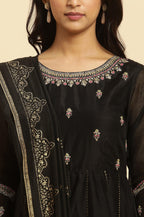 W for Woman Black Flared Metallic Embroidered Kurta, Pants And Dupatta Set | Grocsy