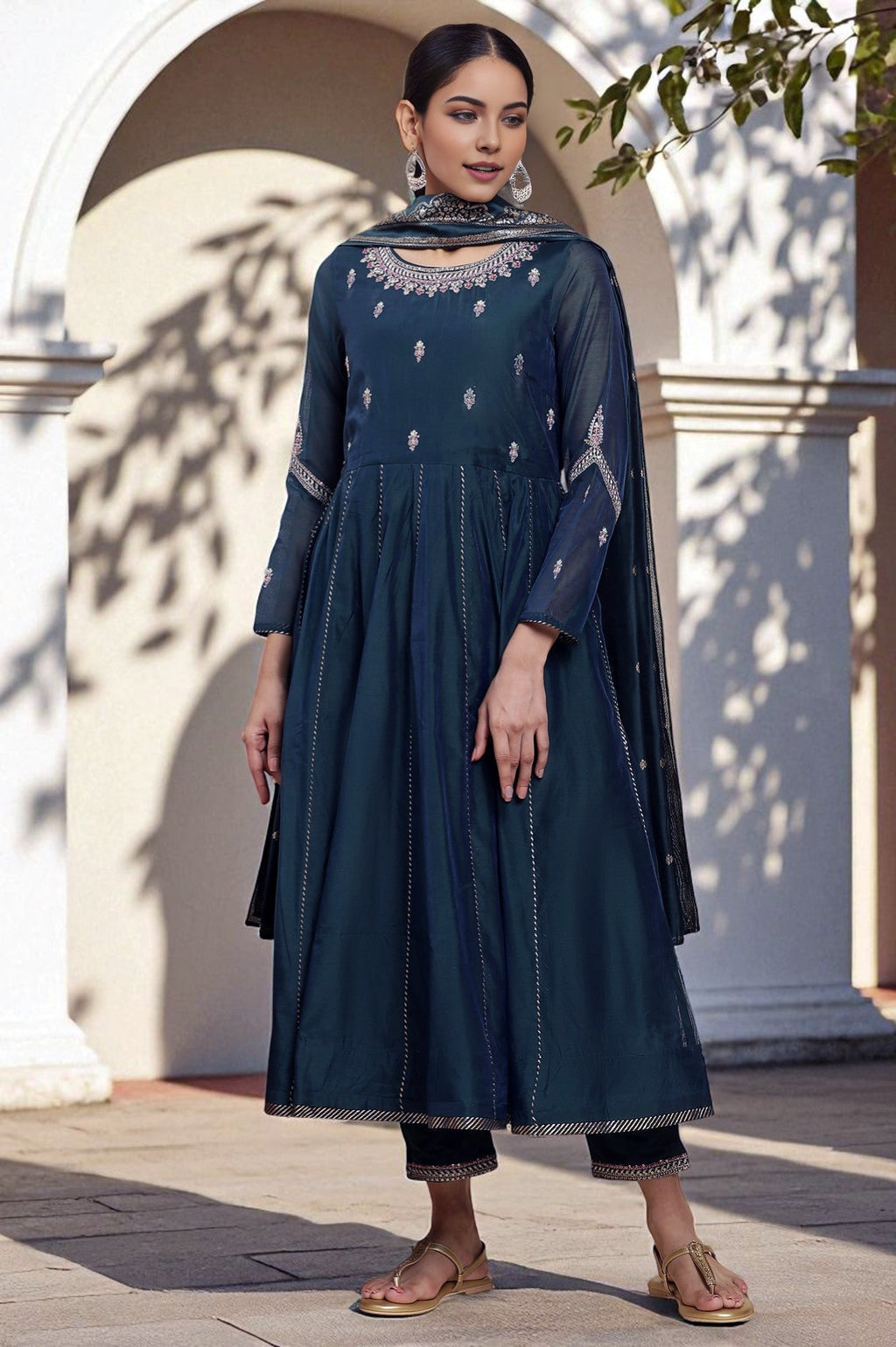 W for Woman Green Flared Embroidered Kurta, Pants And Dupatta Set | Grocsy