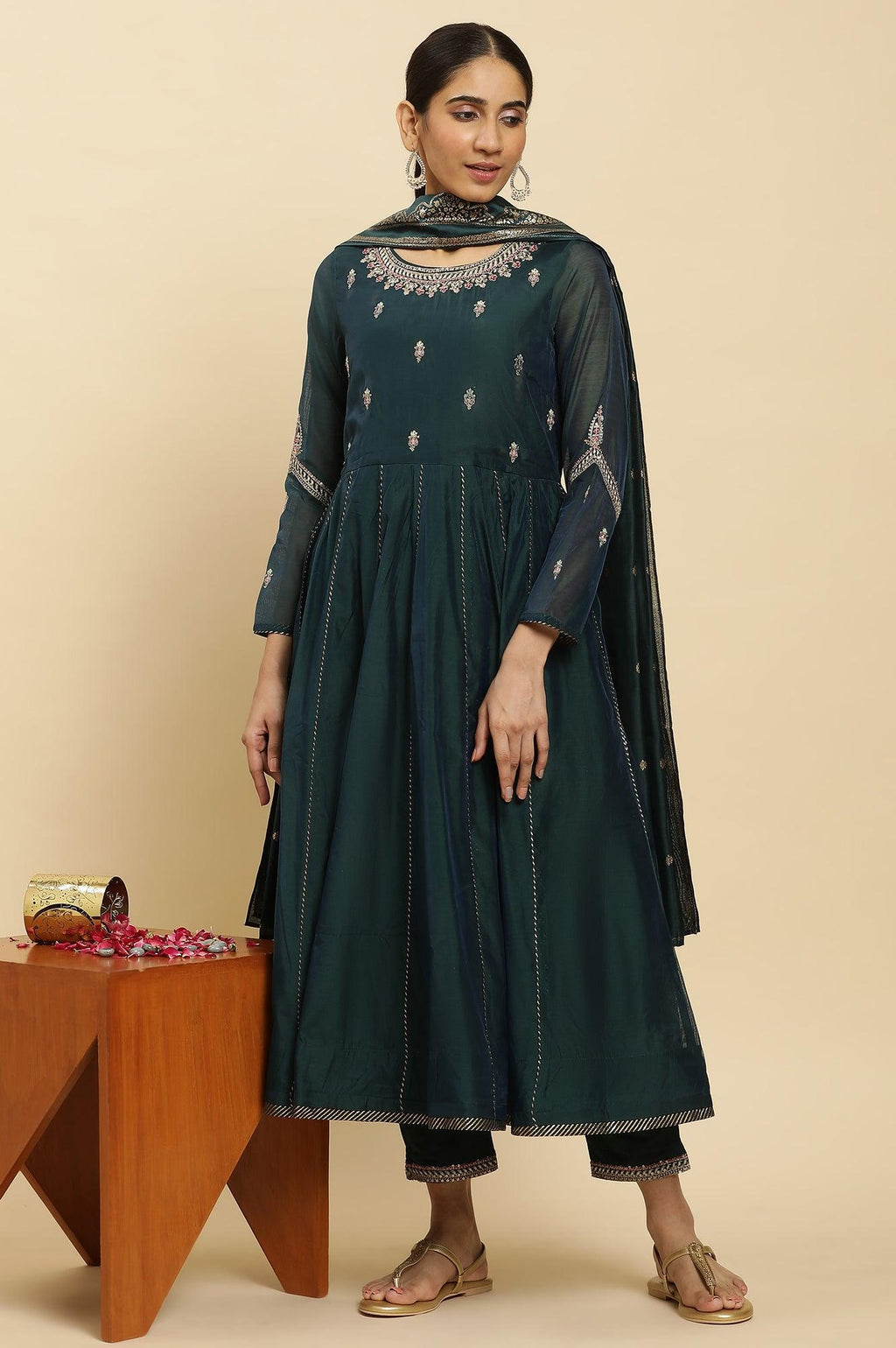 W for Woman Green Flared Embroidered Kurta, Pants And Dupatta Set | Grocsy