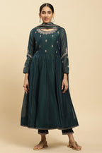W for Woman Green Flared Embroidered Kurta, Pants And Dupatta Set | Grocsy