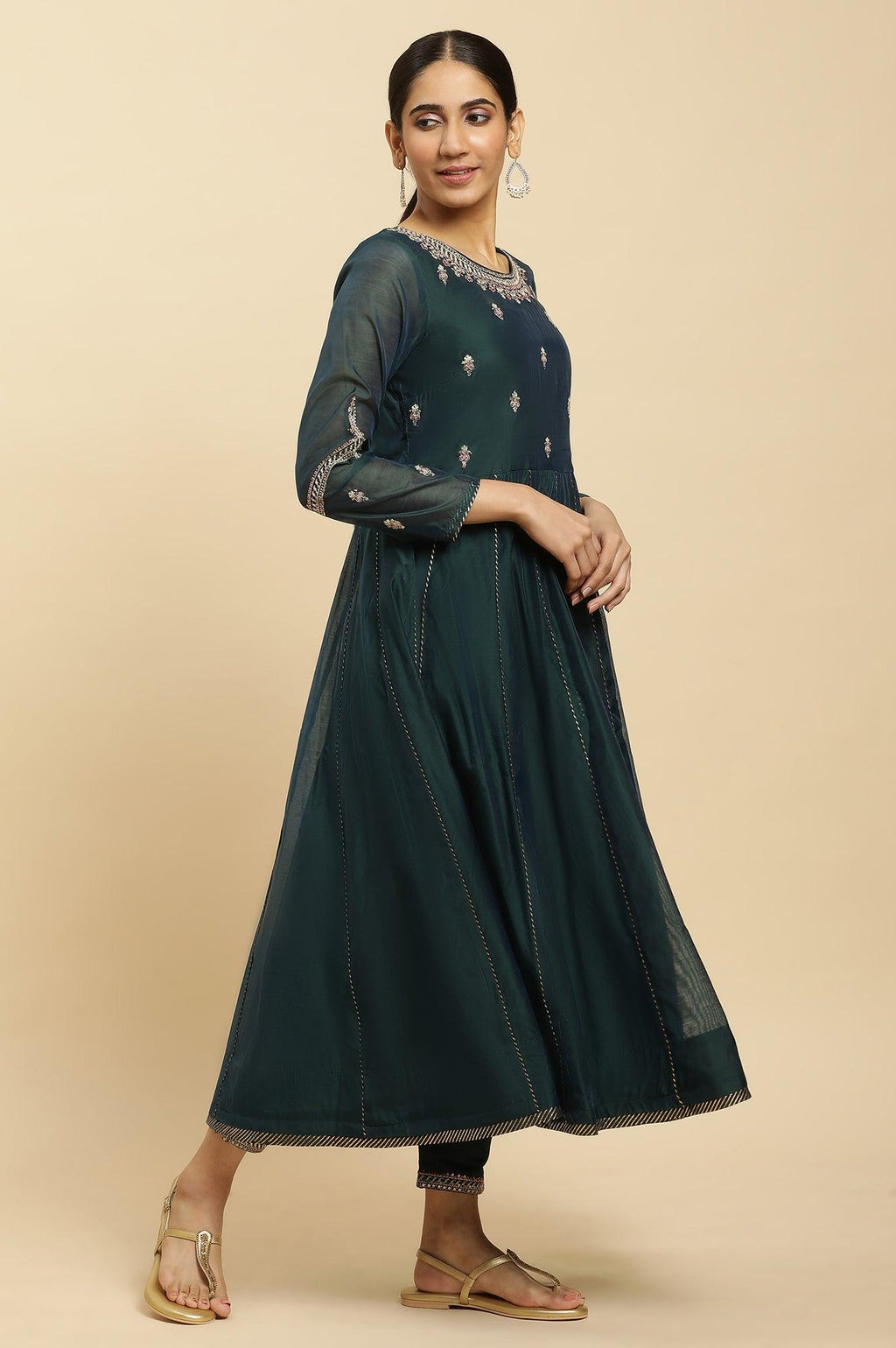 W for Woman Green Flared Embroidered Kurta, Pants And Dupatta Set | Grocsy