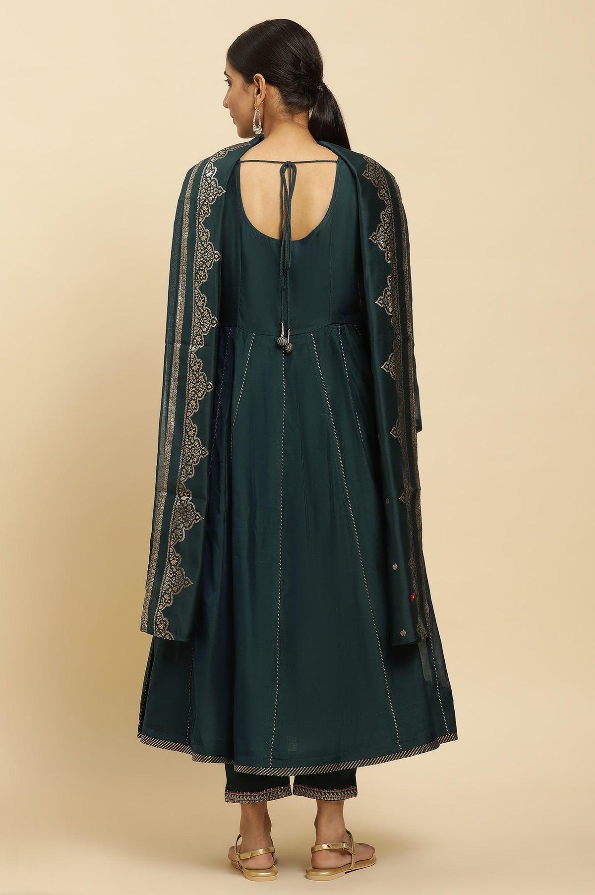 W for Woman Green Flared Embroidered Kurta, Pants And Dupatta Set | Grocsy