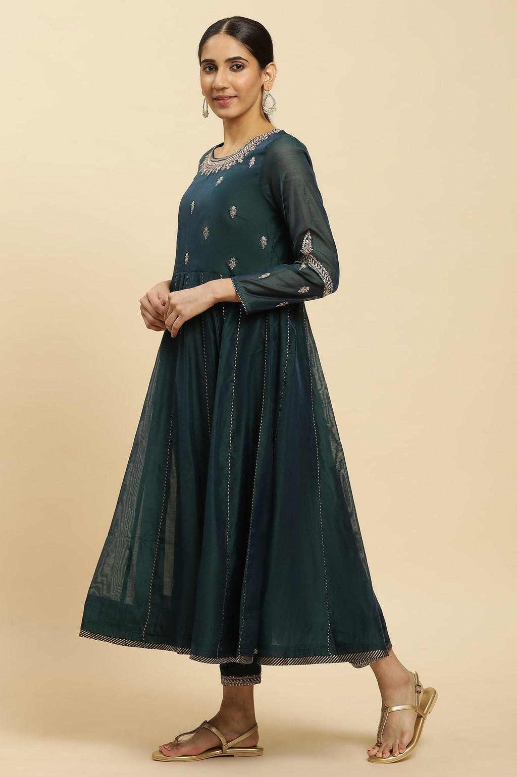 W for Woman Green Flared Embroidered Kurta, Pants And Dupatta Set | Grocsy