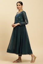 W for Woman Green Flared Embroidered Kurta, Pants And Dupatta Set | Grocsy