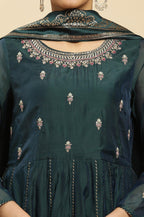 W for Woman Green Flared Embroidered Kurta, Pants And Dupatta Set | Grocsy