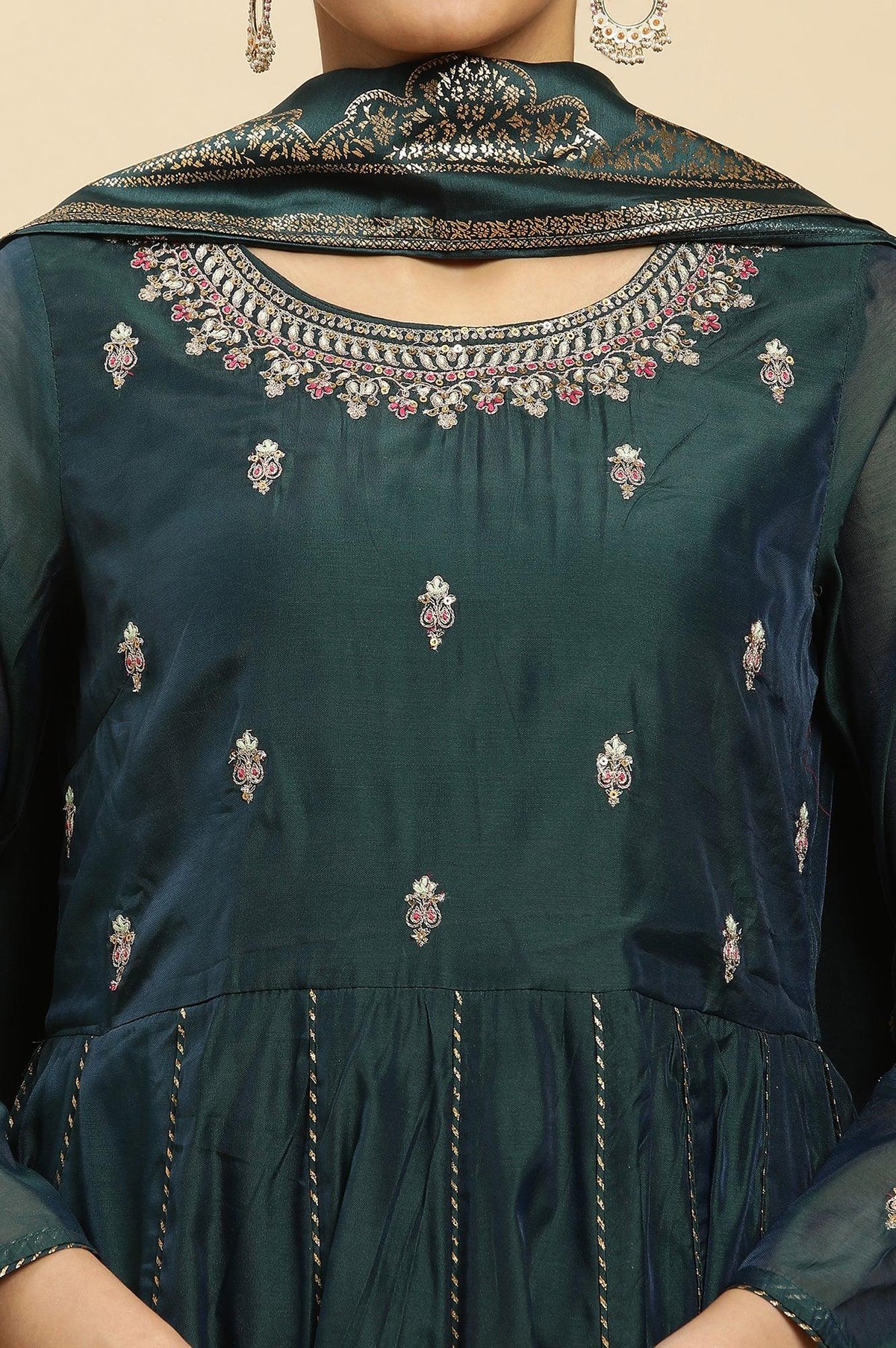 W for Woman Green Flared Embroidered Kurta, Pants And Dupatta Set | Grocsy