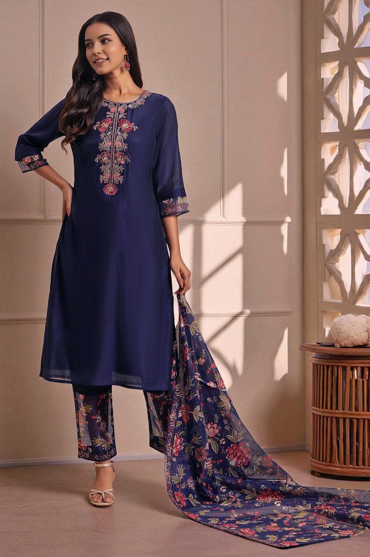 W for Woman Royal Blue Embroidered Kurta, Pants And Dupatta Set | Grocsy