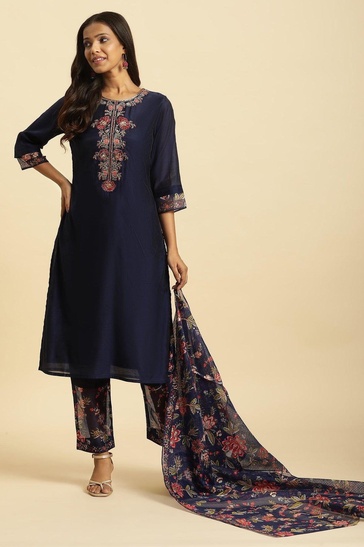 W for Woman Royal Blue Embroidered Kurta, Pants And Dupatta Set | Grocsy