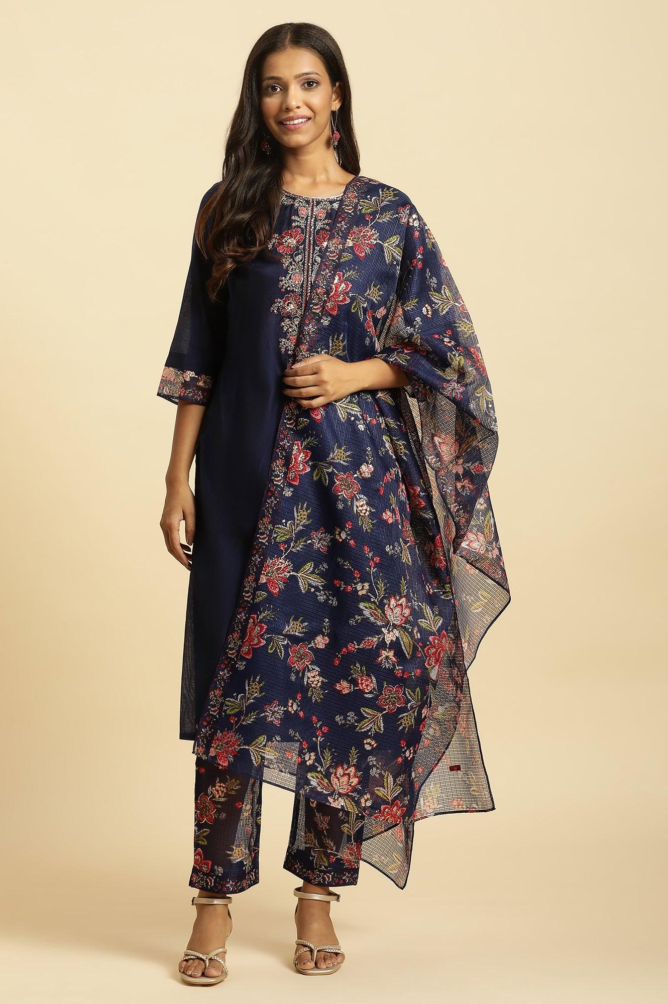 W for Woman Royal Blue Embroidered Kurta, Pants And Dupatta Set | Grocsy