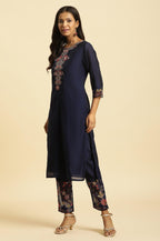 W for Woman Royal Blue Embroidered Kurta, Pants And Dupatta Set | Grocsy