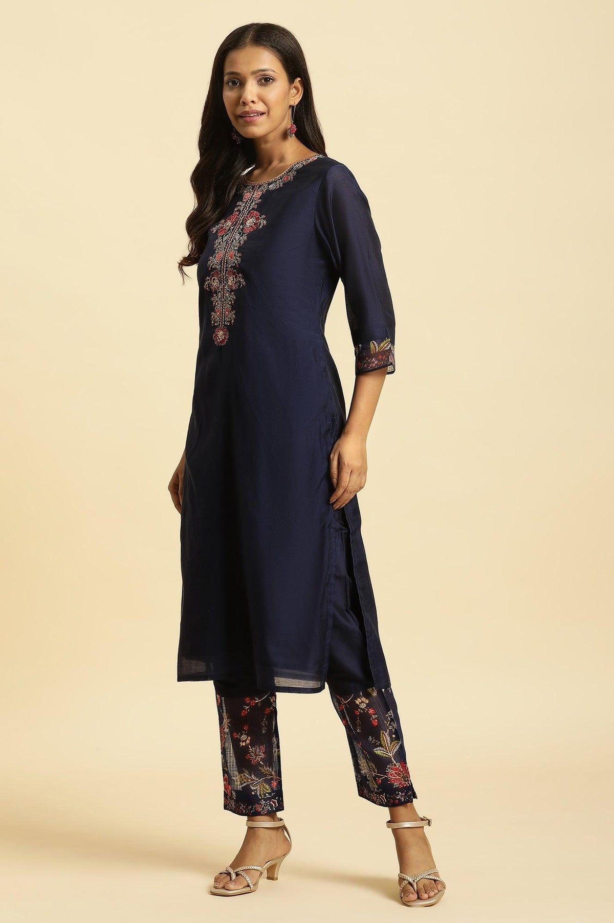 W for Woman Royal Blue Embroidered Kurta, Pants And Dupatta Set | Grocsy