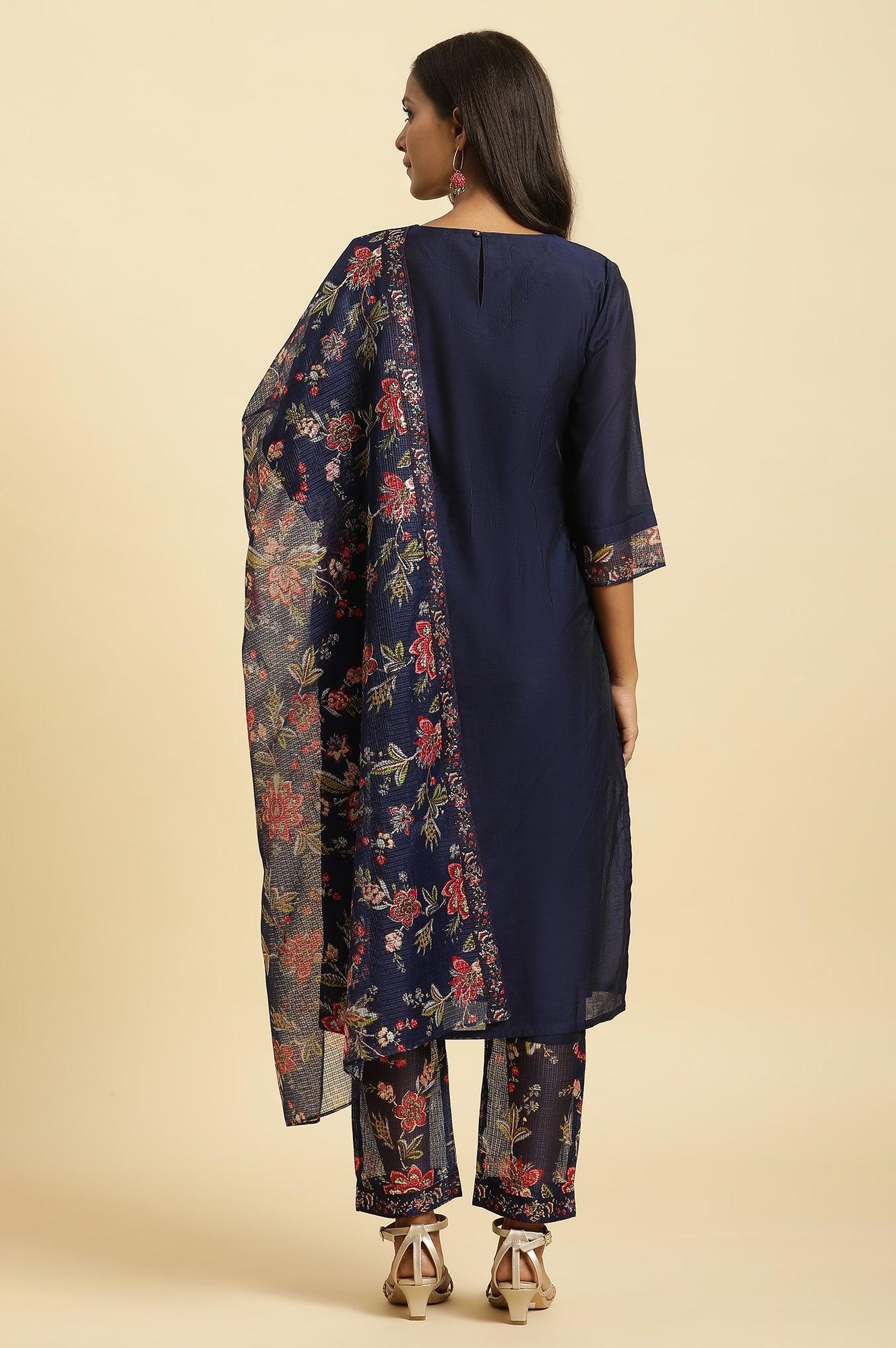 W for Woman Royal Blue Embroidered Kurta, Pants And Dupatta Set | Grocsy