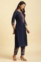 W for Woman Royal Blue Embroidered Kurta, Pants And Dupatta Set | Grocsy