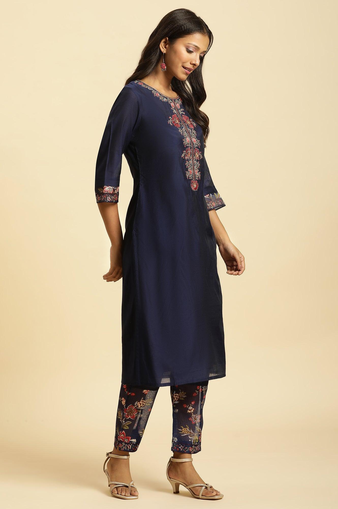 W for Woman Royal Blue Embroidered Kurta, Pants And Dupatta Set | Grocsy
