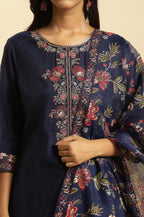 W for Woman Royal Blue Embroidered Kurta, Pants And Dupatta Set | Grocsy