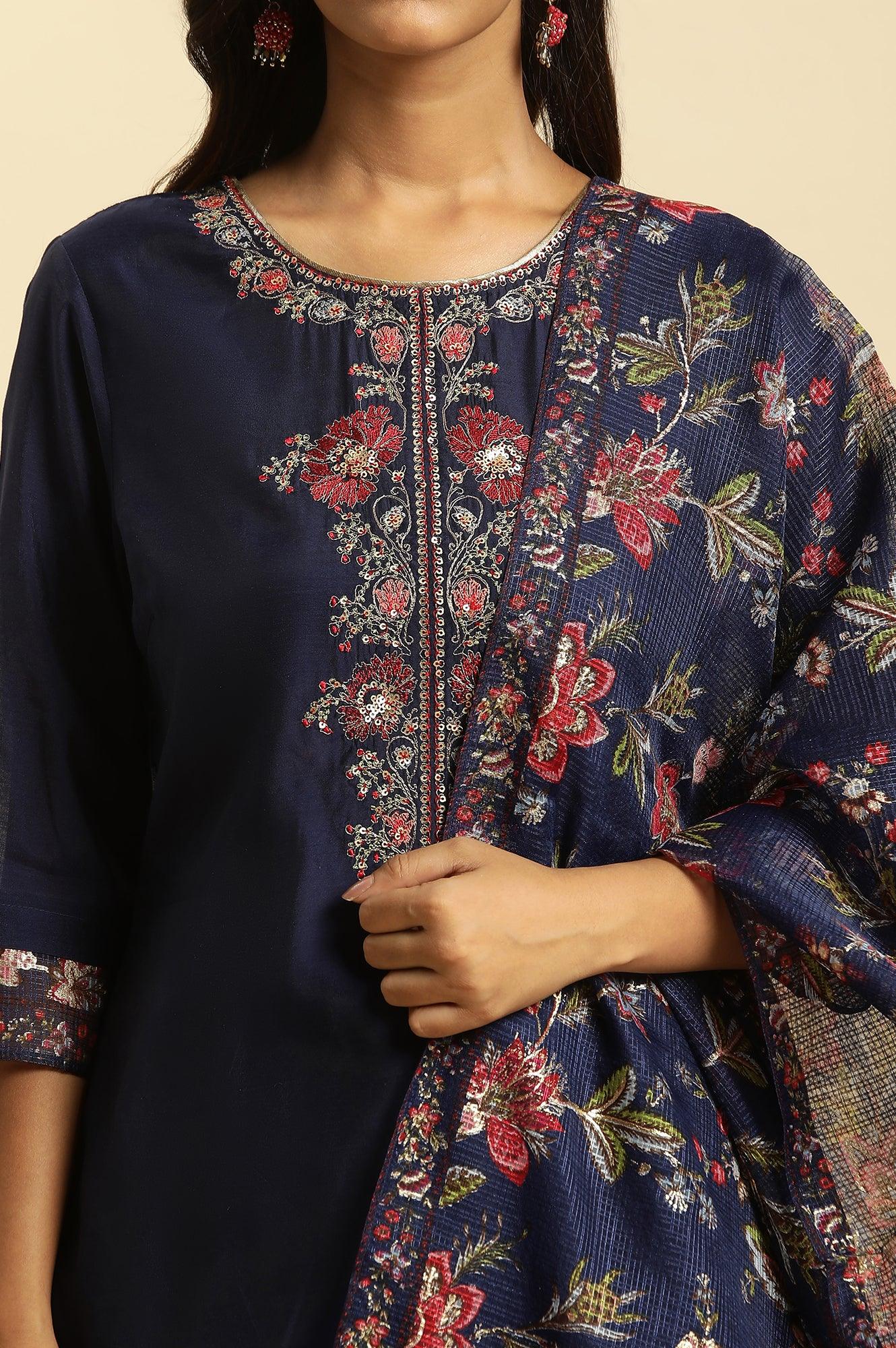 W for Woman Royal Blue Embroidered Kurta, Pants And Dupatta Set | Grocsy