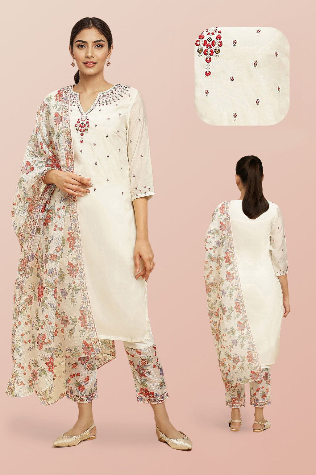 W for Woman Ecru Chanderi Embroidered Kurta Set with Slim Pants and Dupatta | Grocsy