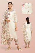 W for Woman Ecru Chanderi Embroidered Kurta Set with Slim Pants and Dupatta | Grocsy