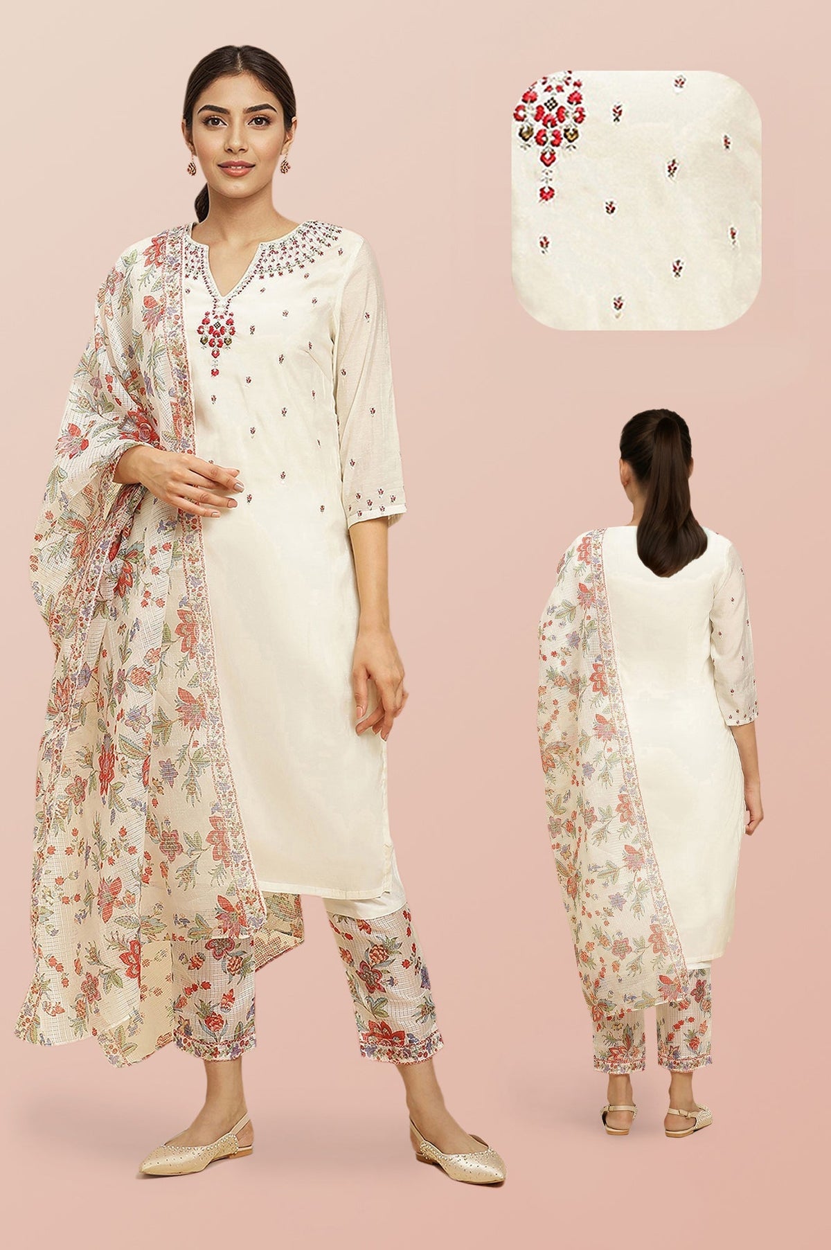 W for Woman Ecru Chanderi Embroidered Kurta Set with Slim Pants and Dupatta | Grocsy