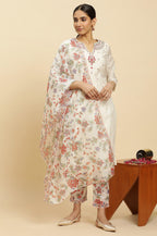 W for Woman Ecru Chanderi Embroidered Kurta Set with Slim Pants and Dupatta | Grocsy
