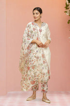 W for Woman Ecru Chanderi Embroidered Kurta Set with Slim Pants and Dupatta | Grocsy