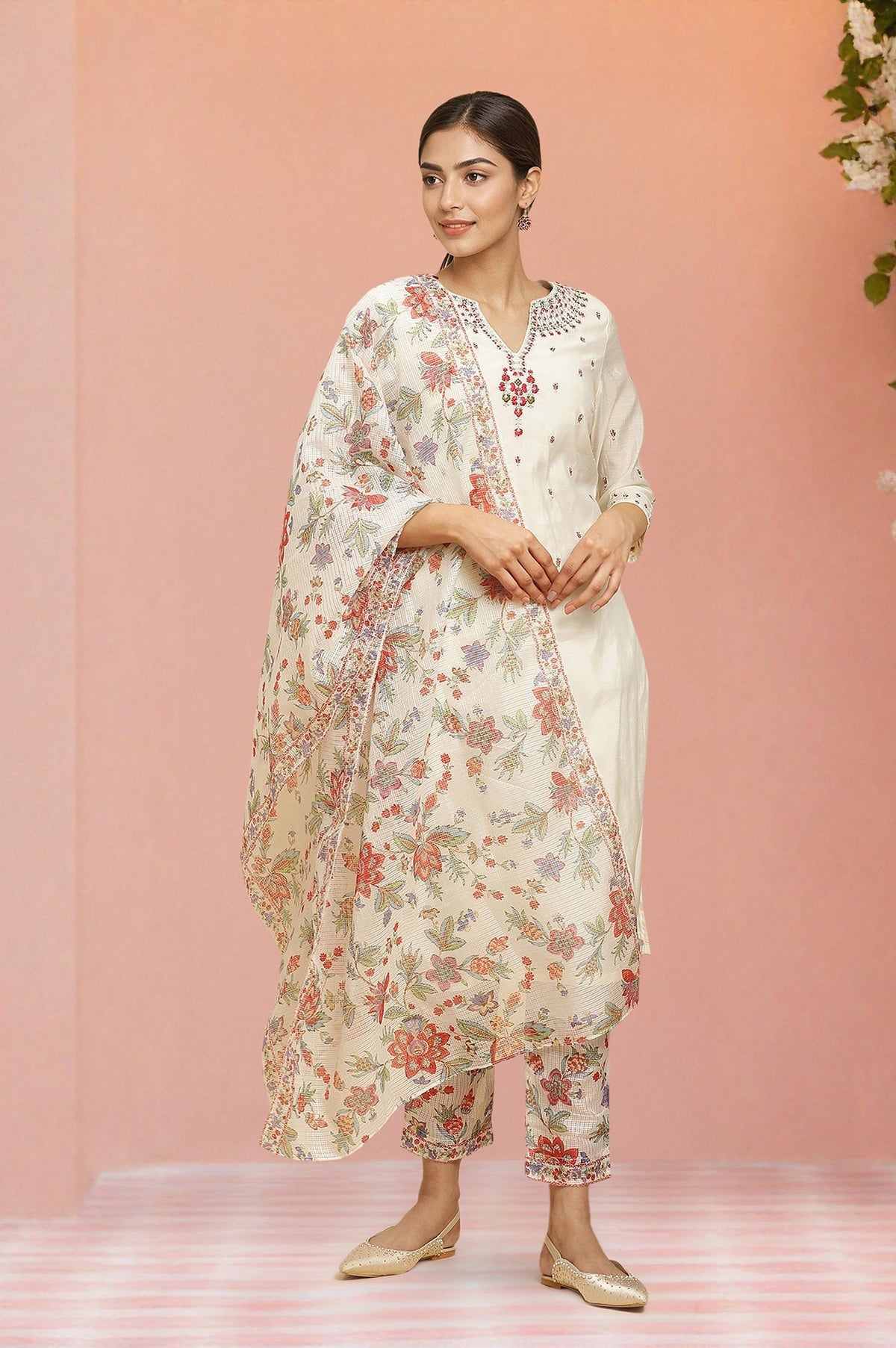 W for Woman Ecru Chanderi Embroidered Kurta Set with Slim Pants and Dupatta | Grocsy