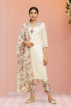 W for Woman Ecru Chanderi Embroidered Kurta Set with Slim Pants and Dupatta | Grocsy