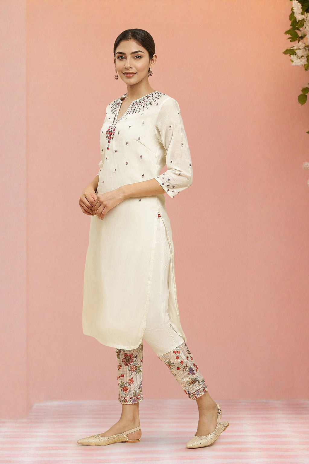 W for Woman Ecru Chanderi Embroidered Kurta Set with Slim Pants and Dupatta | Grocsy