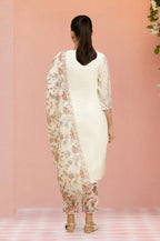 W for Woman Ecru Chanderi Embroidered Kurta Set with Slim Pants and Dupatta | Grocsy