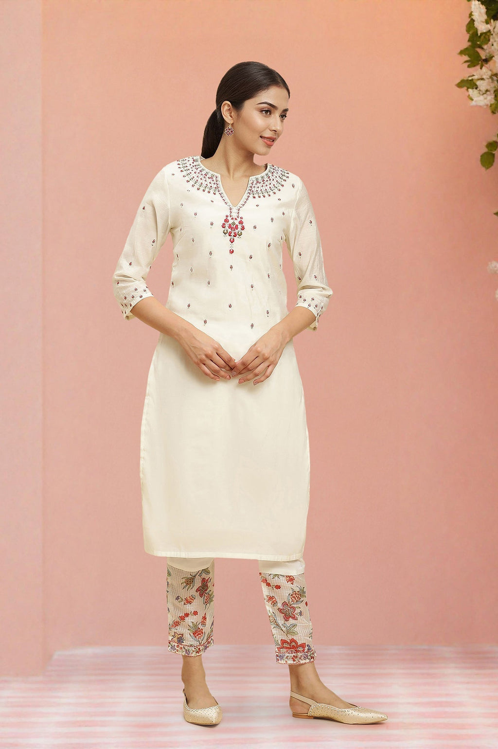 W for Woman Ecru Chanderi Embroidered Kurta Set with Slim Pants and Dupatta | Grocsy