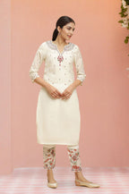 W for Woman Ecru Chanderi Embroidered Kurta Set with Slim Pants and Dupatta | Grocsy