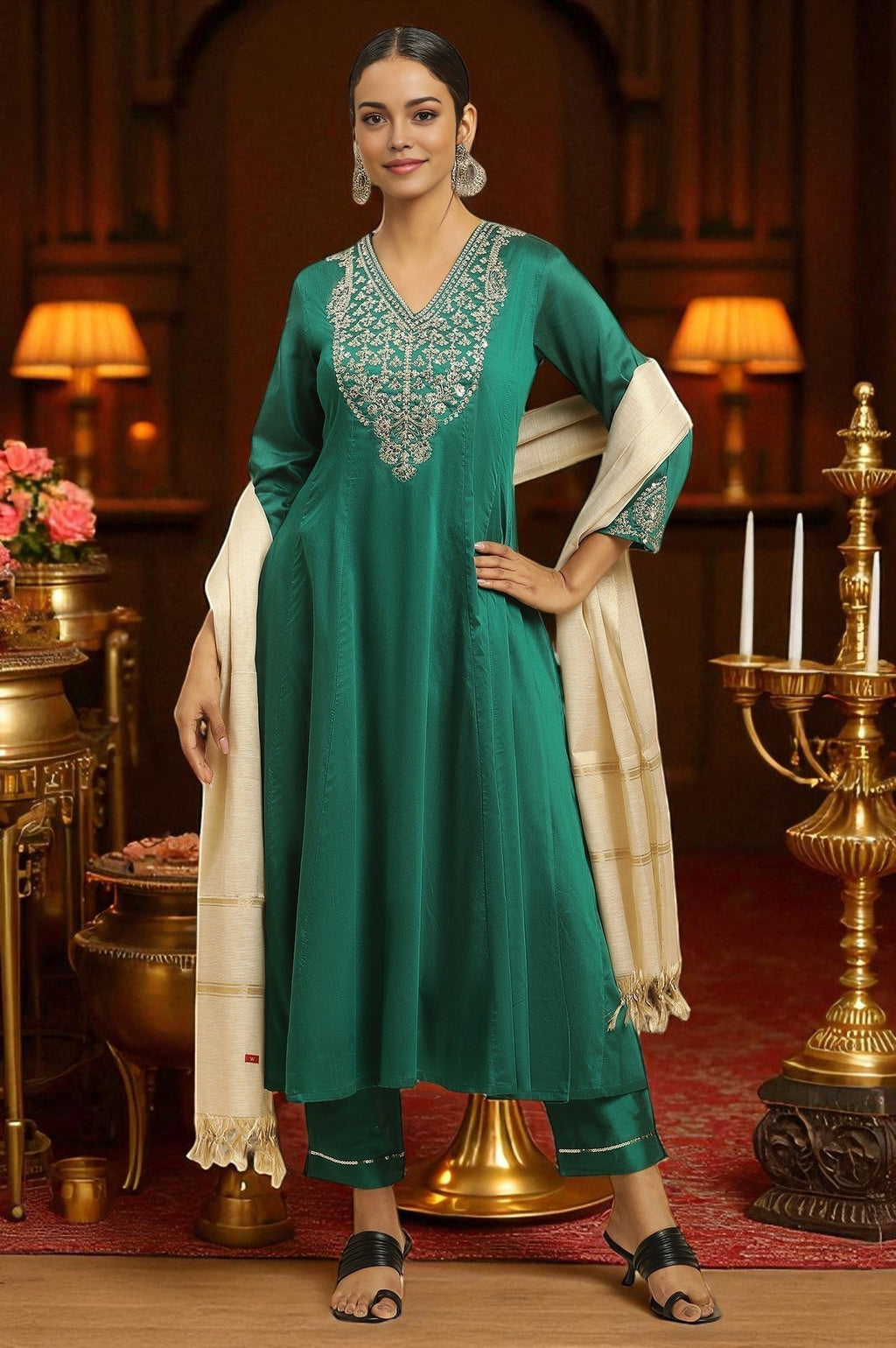 W for Woman Green Panelled Embroidered Kurta, Slim Pants And Dupatta Set | Grocsy