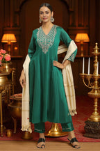 W for Woman Green Panelled Embroidered Kurta, Slim Pants And Dupatta Set | Grocsy