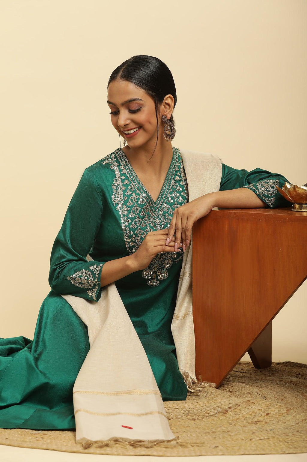 W for Woman Green Panelled Embroidered Kurta, Slim Pants And Dupatta Set | Grocsy