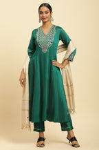 W for Woman Green Panelled Embroidered Kurta, Slim Pants And Dupatta Set | Grocsy