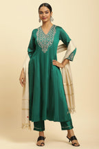 W for Woman Green Panelled Embroidered Kurta, Slim Pants And Dupatta Set | Grocsy