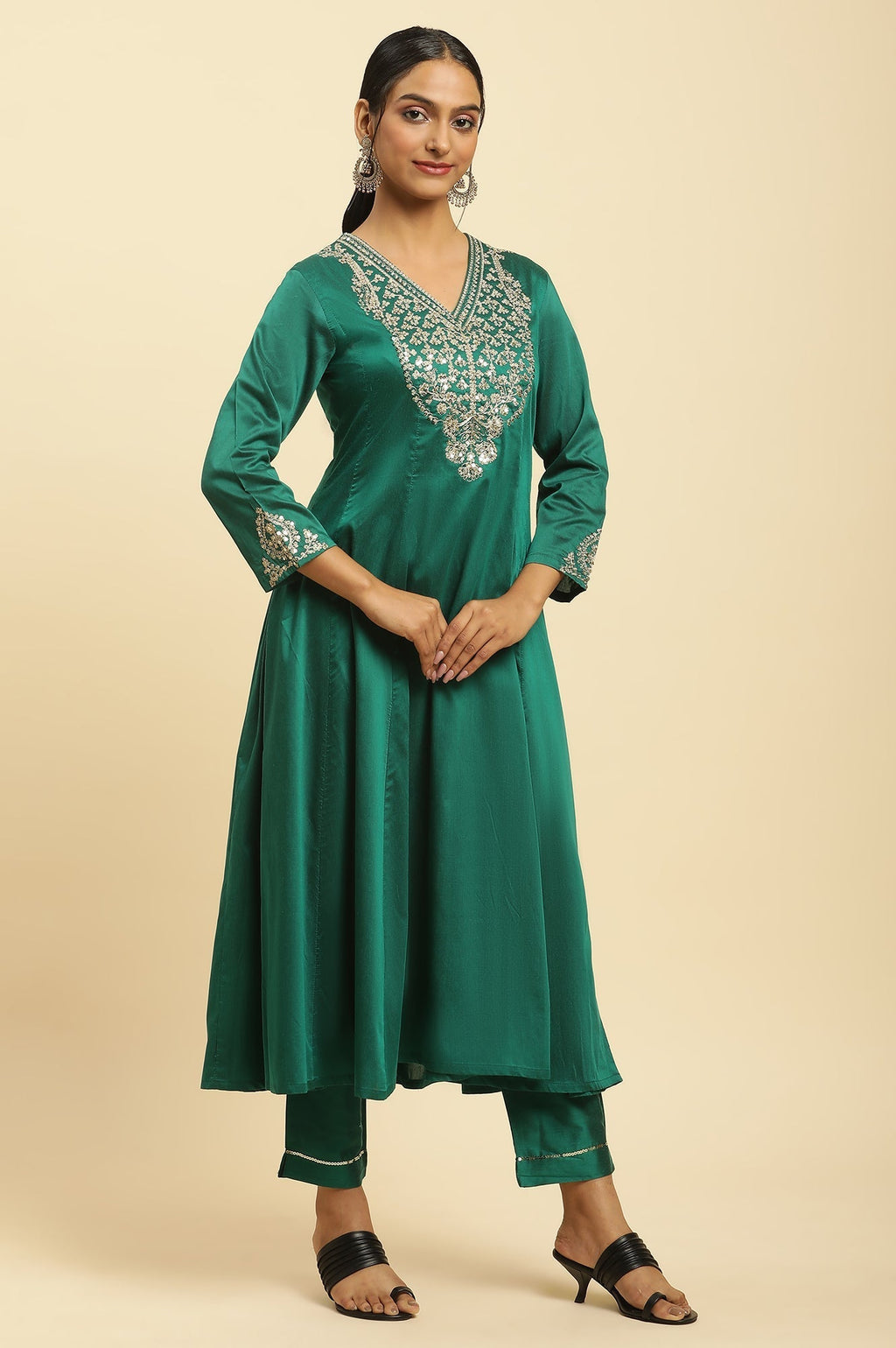 W for Woman Green Panelled Embroidered Kurta, Slim Pants And Dupatta Set | Grocsy