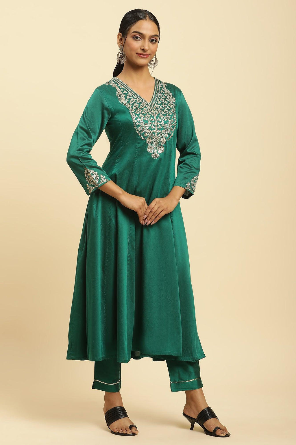 W for Woman Green Panelled Embroidered Kurta, Slim Pants And Dupatta Set | Grocsy
