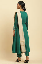 W for Woman Green Panelled Embroidered Kurta, Slim Pants And Dupatta Set | Grocsy