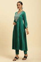 W for Woman Green Panelled Embroidered Kurta, Slim Pants And Dupatta Set | Grocsy