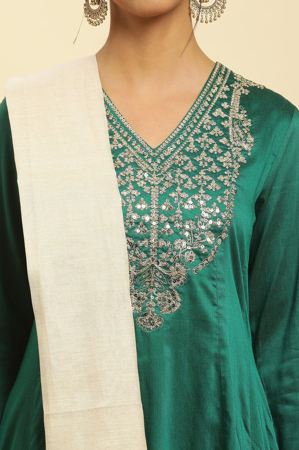 W for Woman Green Panelled Embroidered Kurta, Slim Pants And Dupatta Set | Grocsy