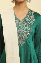 W for Woman Green Panelled Embroidered Kurta, Slim Pants And Dupatta Set | Grocsy
