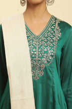 W for Woman Green Panelled Embroidered Kurta, Slim Pants And Dupatta Set | Grocsy