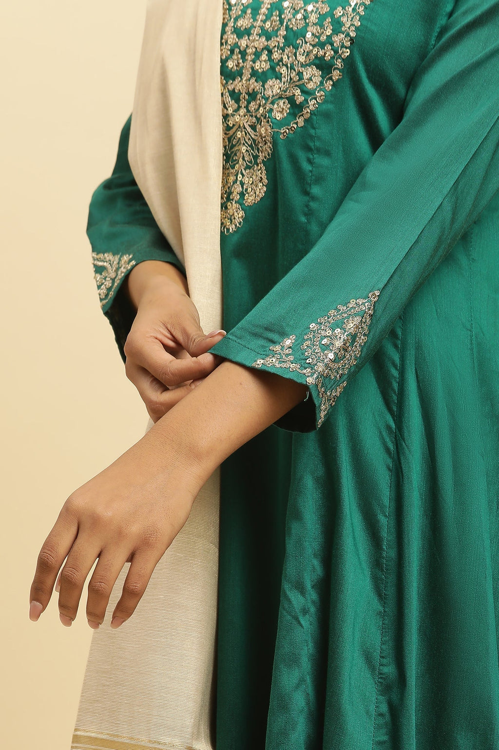 W for Woman Green Panelled Embroidered Kurta, Slim Pants And Dupatta Set | Grocsy