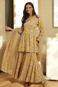 W for Woman Yellow Floral Printed Short Flared Kurta, Sharara and Dupatta Set | Grocsy