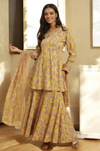 W for Woman Yellow Floral Printed Short Flared Kurta, Sharara and Dupatta Set | Grocsy