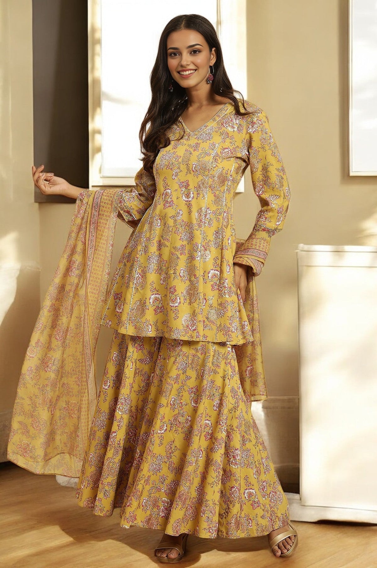 W for Woman Yellow Floral Printed Short Flared Kurta, Sharara and Dupatta Set | Grocsy