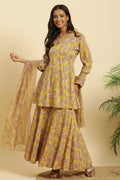W for Woman Yellow Floral Printed Short Flared Kurta, Sharara And Dupatta Set | Grocsy