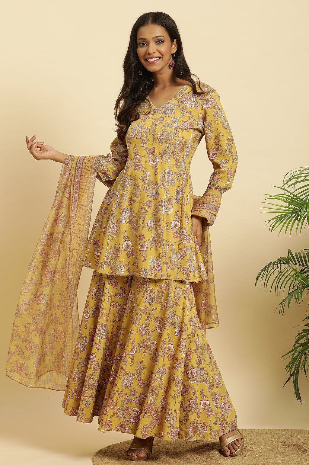 W for Woman Yellow Floral Printed Short Flared Kurta, Sharara and Dupatta Set | Grocsy